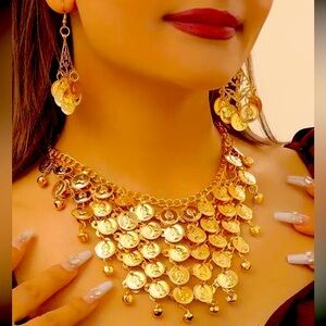 BOHO STYLE EARRINGS + NECKLACE SET GOLDEN COIN DESIGN NEW